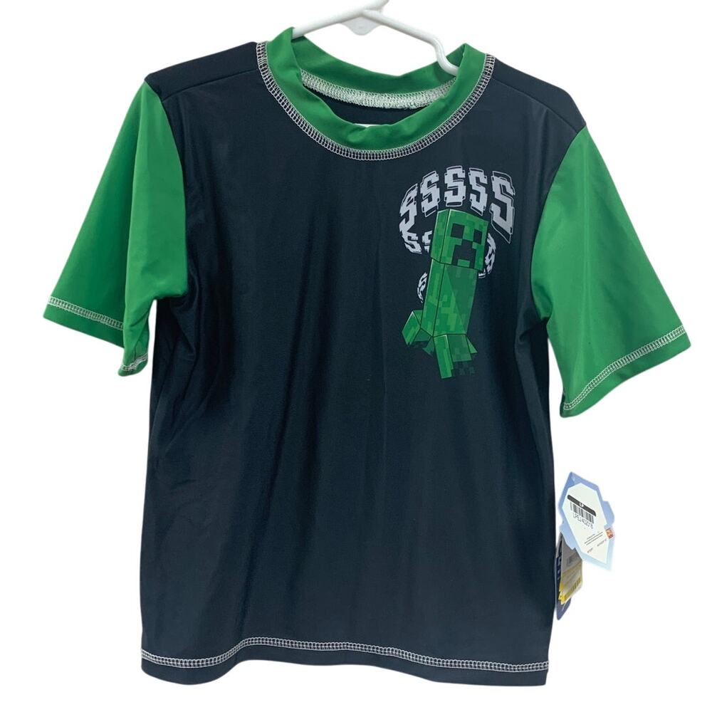 NWT New Minecraft Creeper Boys XS PolySpandex UPF 50+ Short Sleeve Swim Shirt
